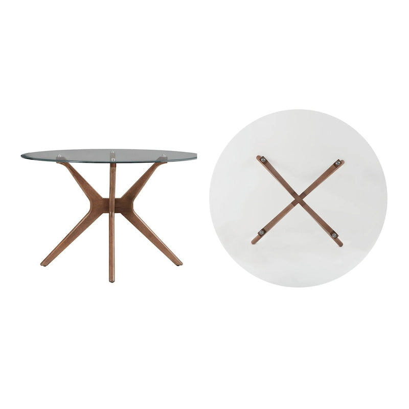 Tavolo da pranzo rotondo Mid-Century, finitura noce, gambe in legno massello, 4 posti, stile moderno