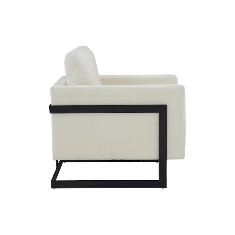 Poltrona d'accento contemporanea in tessuto crema e nero, design moderno bicolore, poltrona da soggiorno