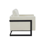 Poltrona d'accento contemporanea in tessuto crema e nero, design moderno bicolore, poltrona da soggiorno