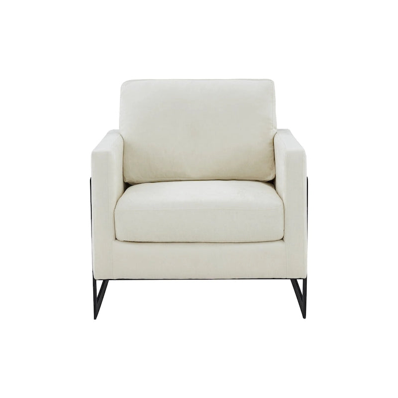 Poltrona d'accento contemporanea in tessuto crema e nero, design moderno bicolore, poltrona da soggiorno