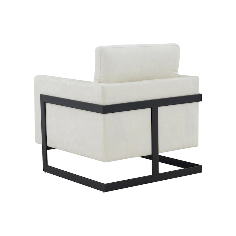 Poltrona d'accento contemporanea in tessuto crema e nero, design moderno bicolore, poltrona da soggiorno
