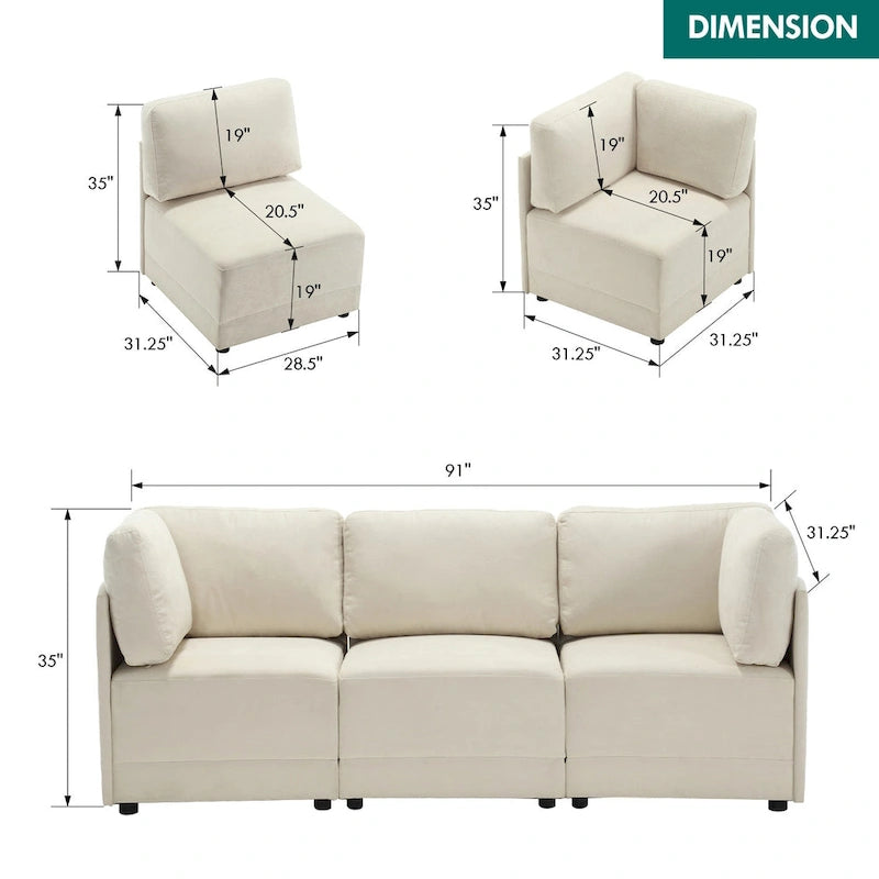 Divano Sezionale Modulare Reversibile a 3 Posti, Tessuto in Lino, Libera Combinazione, Stile Moderno