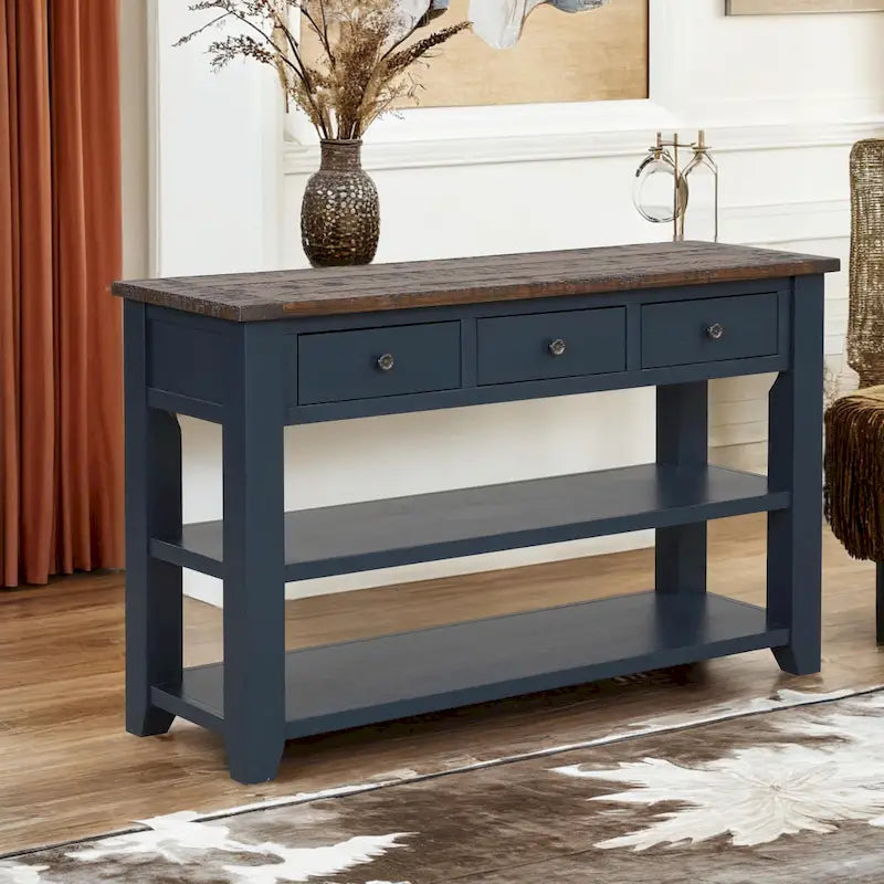 Consolle da 48 pollici con piano in legno massello di pino, tavolo moderno da ingresso/divano con 3 cassetti portaoggetti e 2 ripiani. Facile da montare