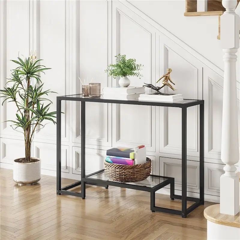 Consolle moderna in vetro temperato, tavolo da ingresso/veranda, struttura in metallo, design sottile