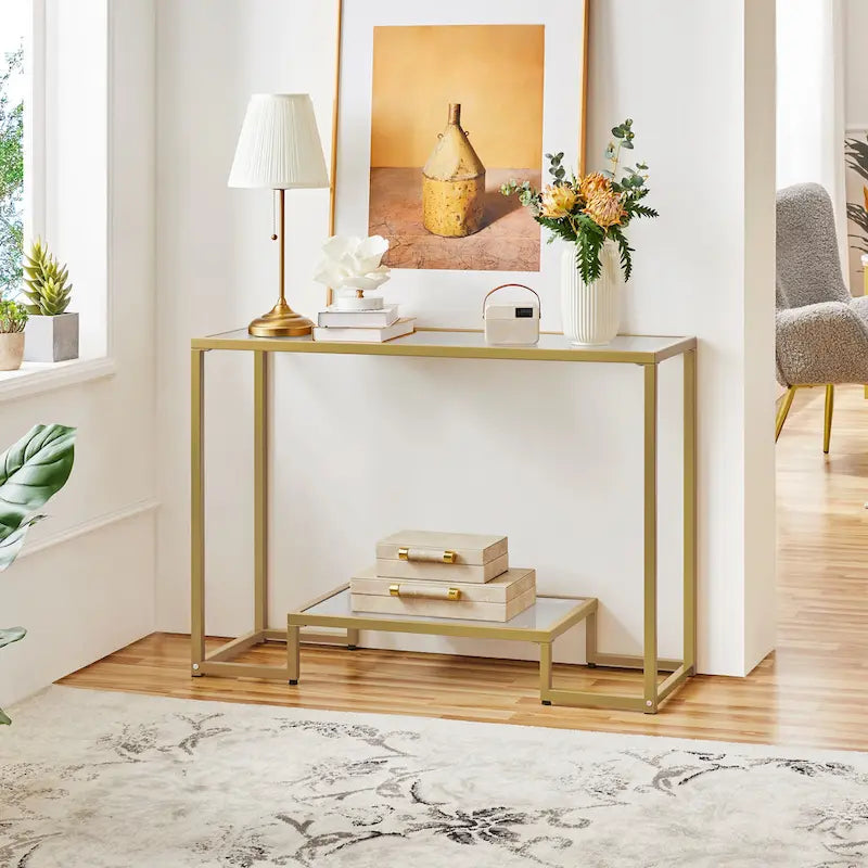 Consolle moderna in vetro temperato, tavolo da ingresso/veranda, struttura in metallo, design sottile