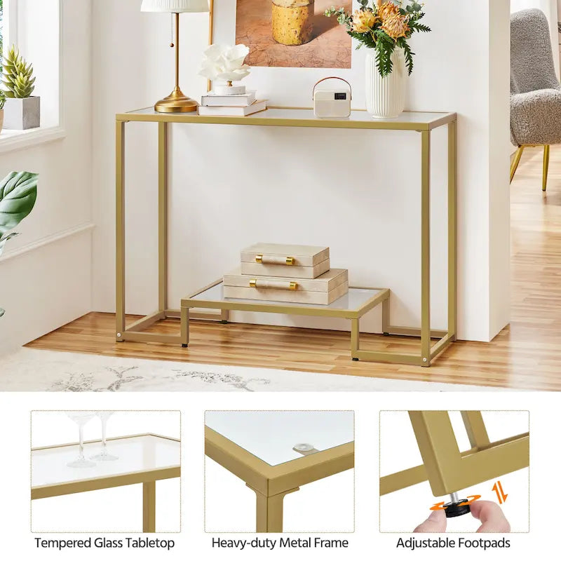 Consolle moderna in vetro temperato, tavolo da ingresso/veranda, struttura in metallo, design sottile