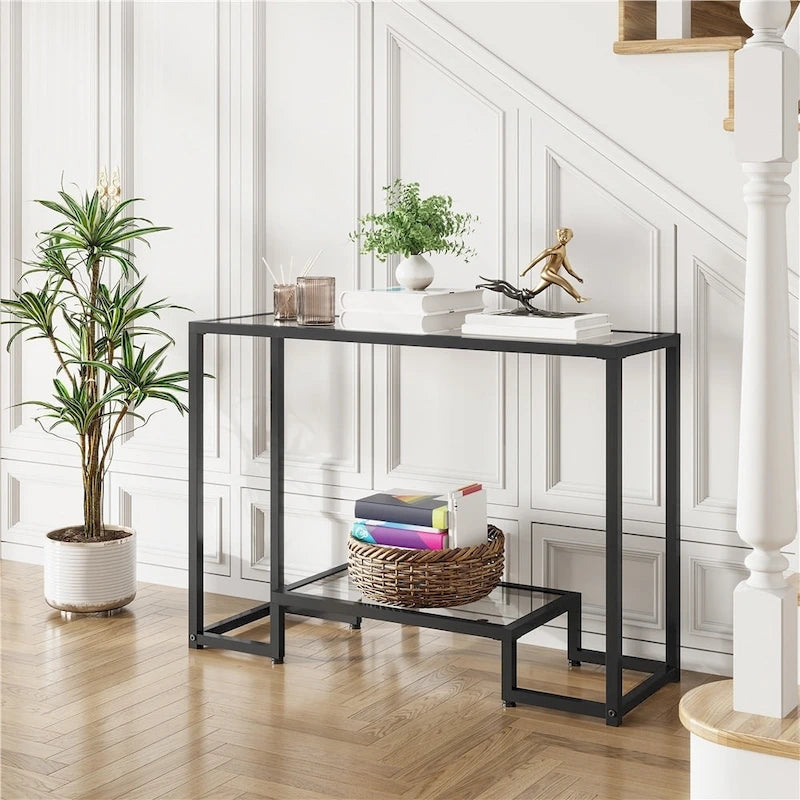 Consolle moderna in vetro temperato, tavolo da ingresso/veranda, struttura in metallo, design sottile