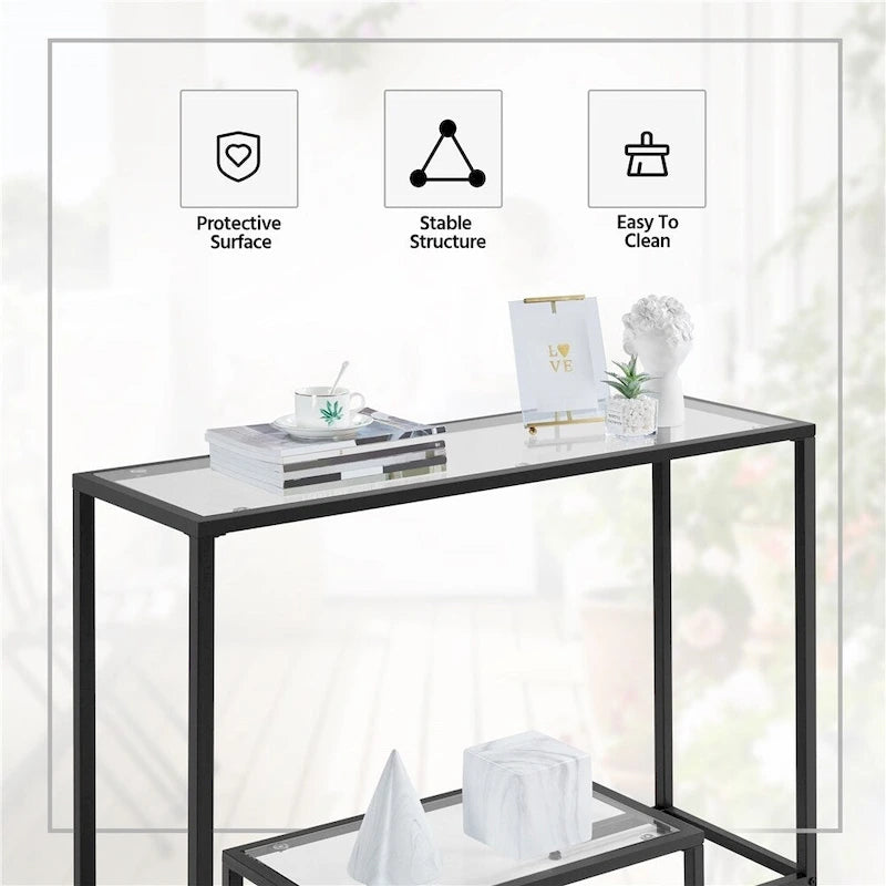 Consolle moderna in vetro temperato, tavolo da ingresso/veranda, struttura in metallo, design sottile