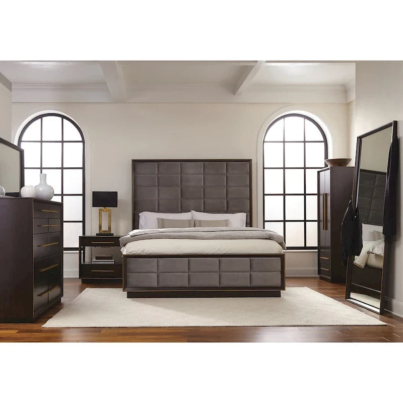 Letto a pannelli imbottito grigio e al pepe affumicato, stile moderno, non necessita di box spring