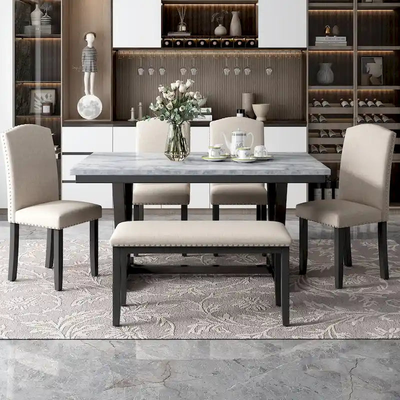 Set da tavolo da pranzo con 6 sedie e piano in impiallacciatura effetto marmo
