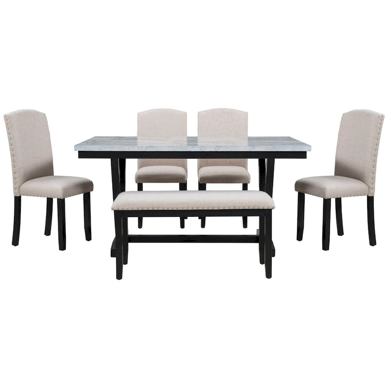 Set da tavolo da pranzo con 6 sedie e piano in impiallacciatura effetto marmo