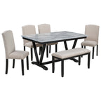 Set da tavolo da pranzo con 6 sedie e piano in impiallacciatura effetto marmo