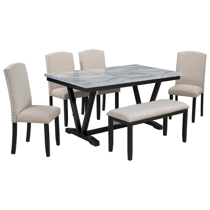 Set da tavolo da pranzo con 6 sedie e piano in impiallacciatura effetto marmo