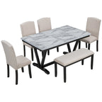 Set da tavolo da pranzo con 6 sedie e piano in impiallacciatura effetto marmo