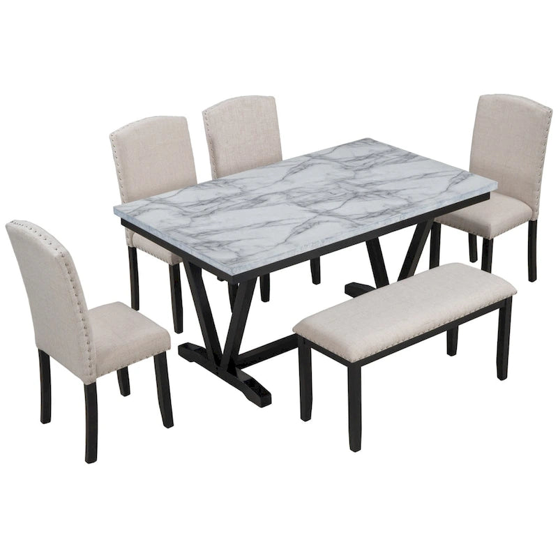 Set da tavolo da pranzo con 6 sedie e piano in impiallacciatura effetto marmo