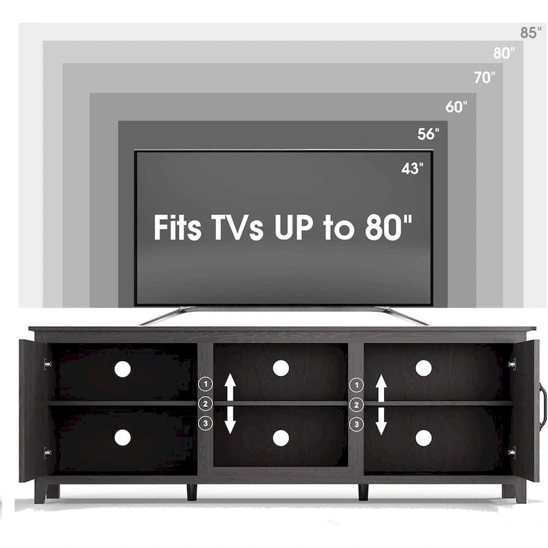 Mobile TV moderno da 70 pollici con ripiani, centro multimediale con ante - Nero - M