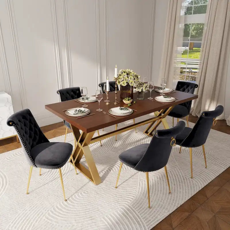 Set da pranzo da 7 pezzi in legno di noce con sedie in velluto, stile moderno, 6 posti