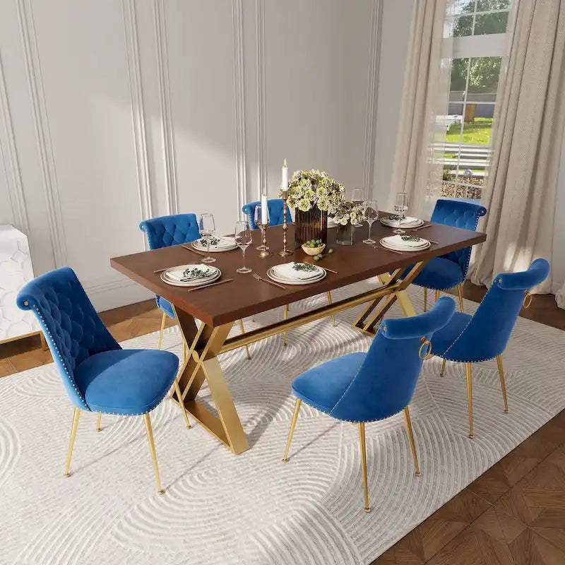 Set da pranzo da 7 pezzi in legno di noce con sedie in velluto, stile moderno, 6 posti