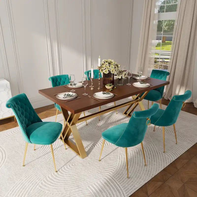 Set da pranzo da 7 pezzi in legno di noce con sedie in velluto, stile moderno, 6 posti