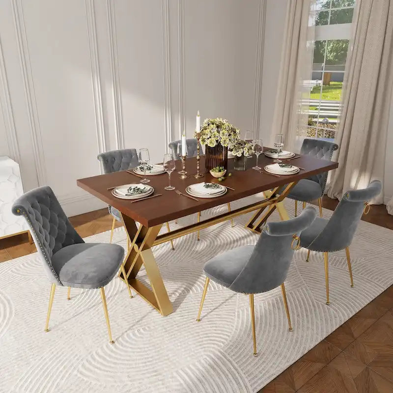 Set da pranzo da 7 pezzi in legno di noce con sedie in velluto, stile moderno, 6 posti