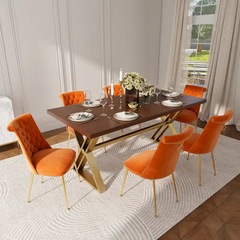 Set da pranzo da 7 pezzi in legno di noce con sedie in velluto, stile moderno, 6 posti
