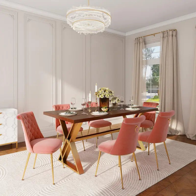 Set da pranzo da 7 pezzi in legno di noce con sedie in velluto, stile moderno, 6 posti