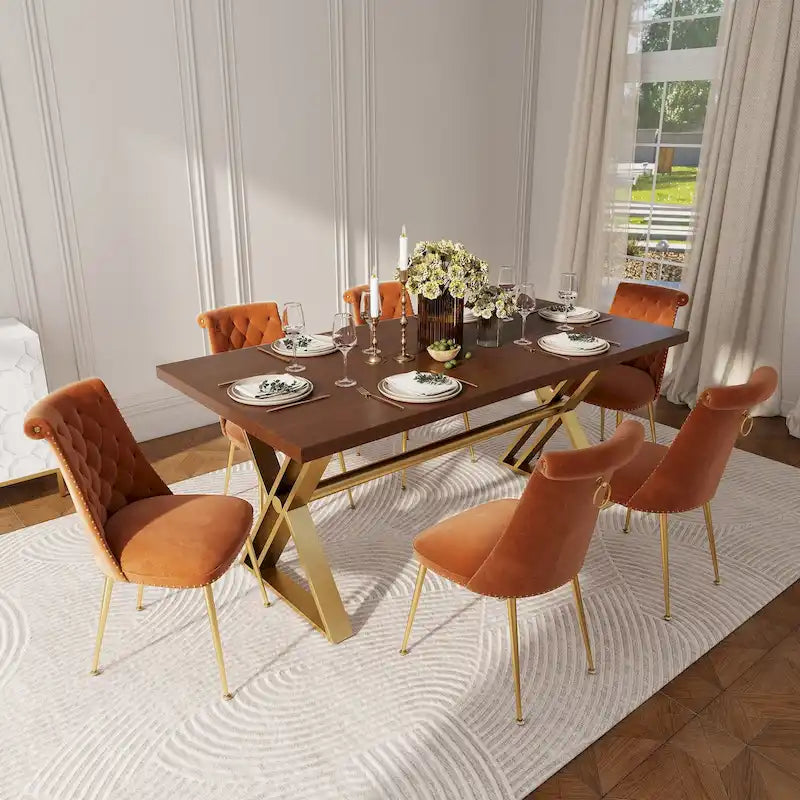 Set da pranzo da 7 pezzi in legno di noce con sedie in velluto, stile moderno, 6 posti