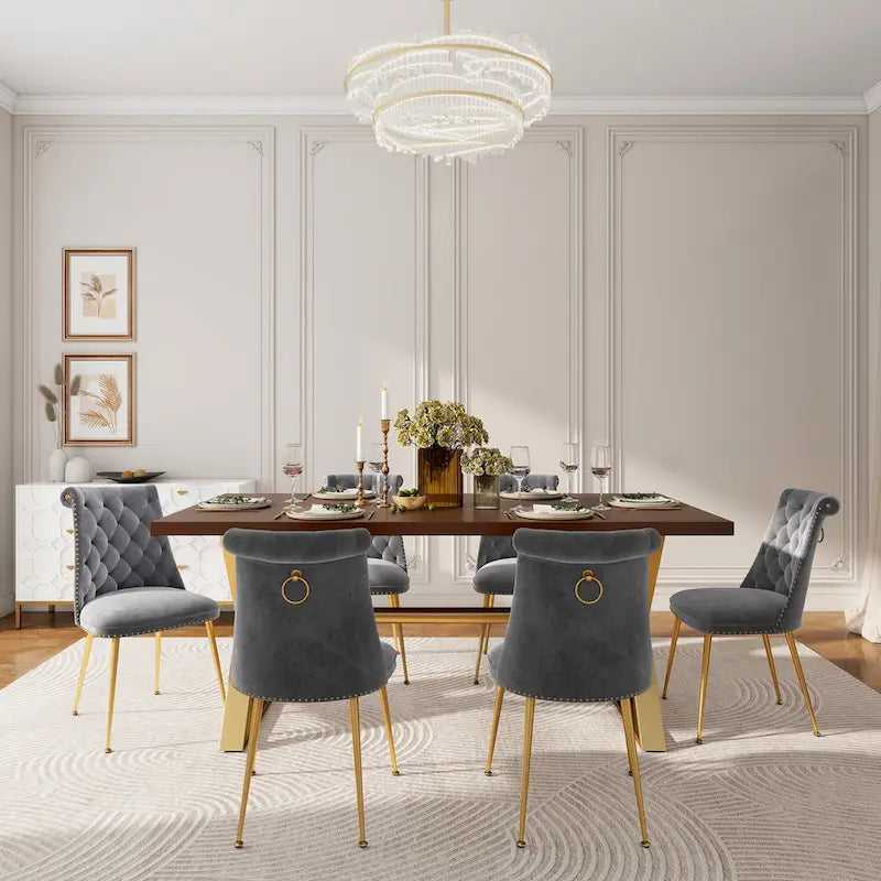 Set da pranzo da 7 pezzi in legno di noce con sedie in velluto, stile moderno, 6 posti