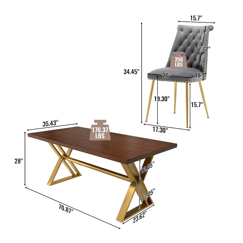 Set da pranzo da 7 pezzi in legno di noce con sedie in velluto, stile moderno, 6 posti