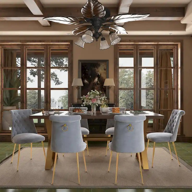 Set da pranzo da 7 pezzi in legno di noce con sedie in velluto, stile moderno, 6 posti