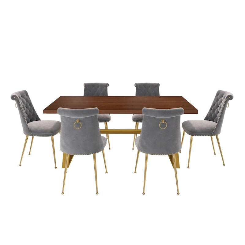 Set da pranzo da 7 pezzi in legno di noce con sedie in velluto, stile moderno, 6 posti