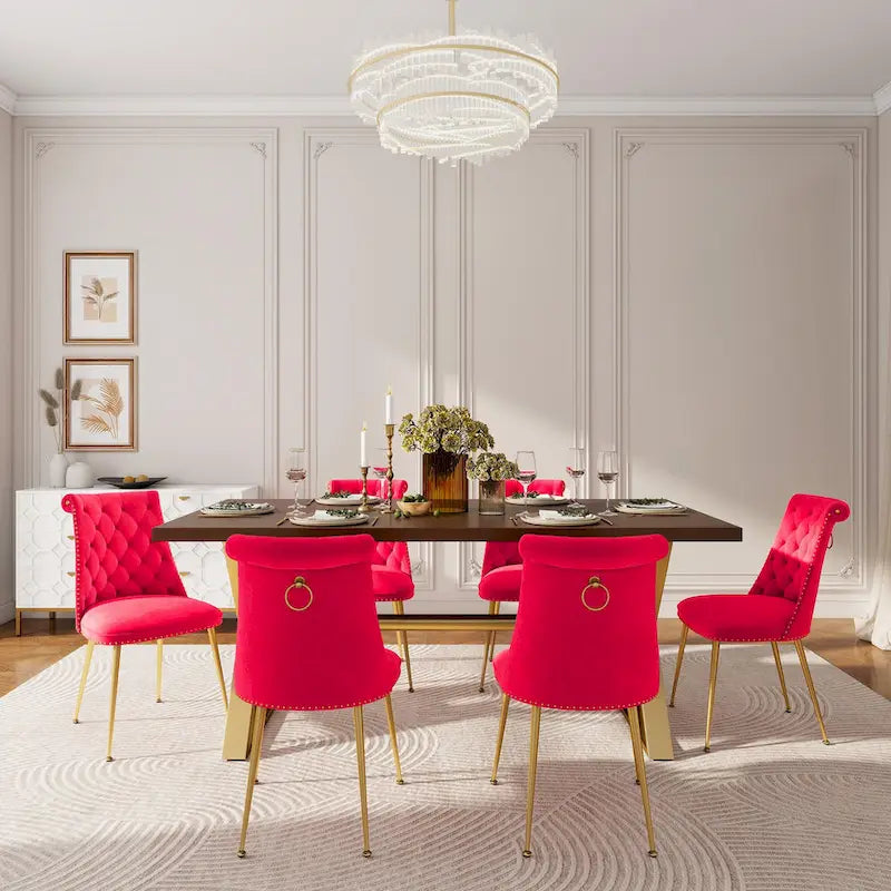 Set da pranzo da 7 pezzi in legno di noce con sedie in velluto, stile moderno, 6 posti