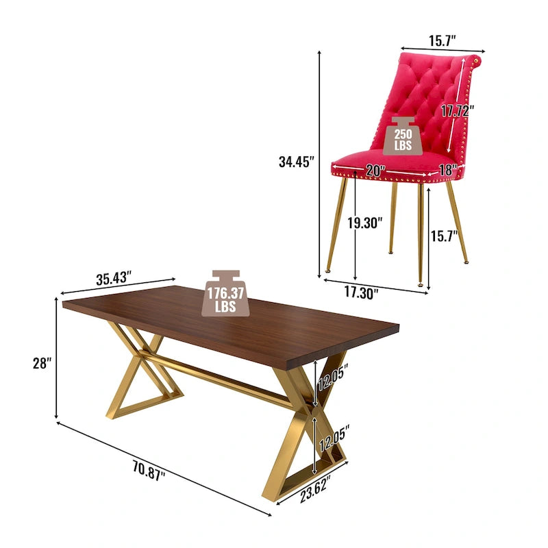 Set da pranzo da 7 pezzi in legno di noce con sedie in velluto, stile moderno, 6 posti