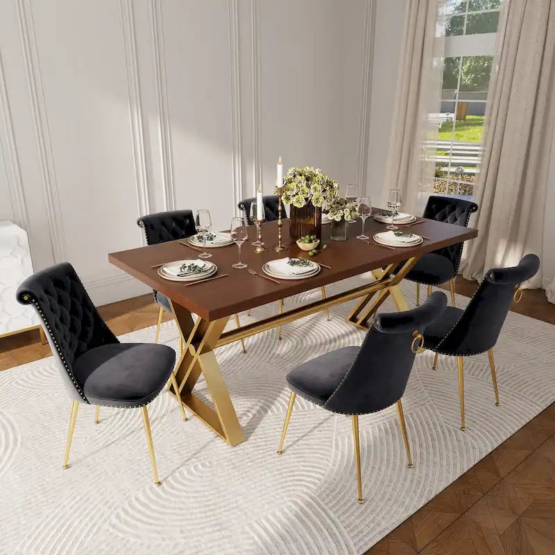 Set da pranzo da 7 pezzi in legno di noce con sedie in velluto, stile moderno, 6 posti