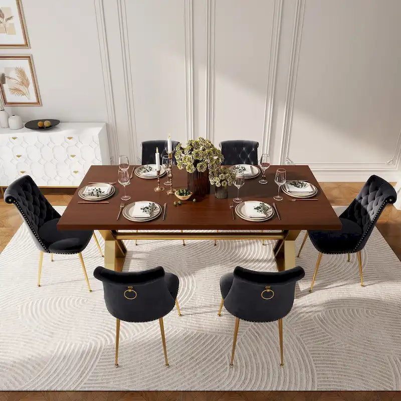 Set da pranzo da 7 pezzi in legno di noce con sedie in velluto, stile moderno, 6 posti
