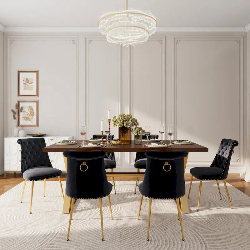 Set da pranzo da 7 pezzi in legno di noce con sedie in velluto, stile moderno, 6 posti