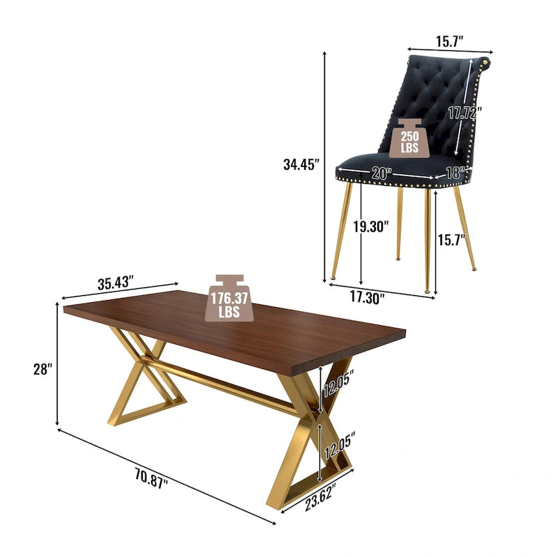 Set da pranzo da 7 pezzi in legno di noce con sedie in velluto, stile moderno, 6 posti