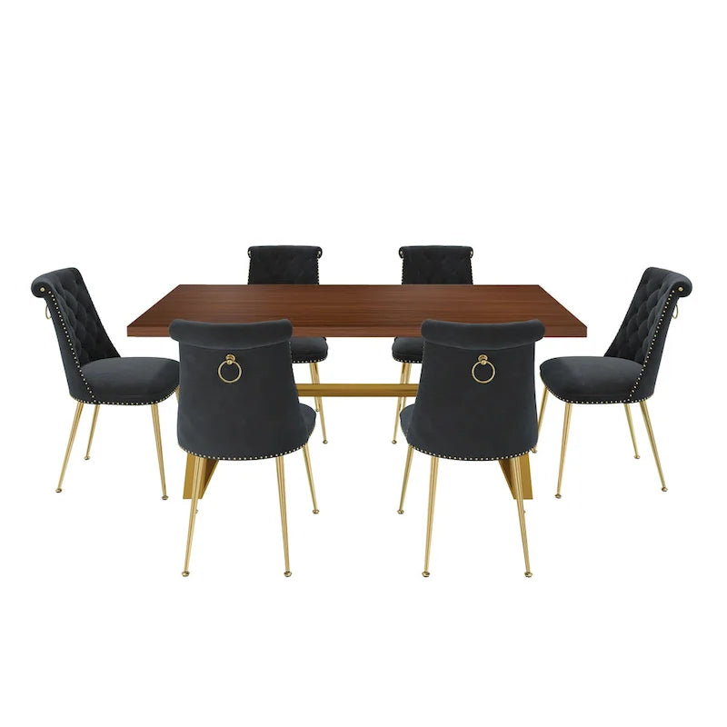 Set da pranzo da 7 pezzi in legno di noce con sedie in velluto, stile moderno, 6 posti