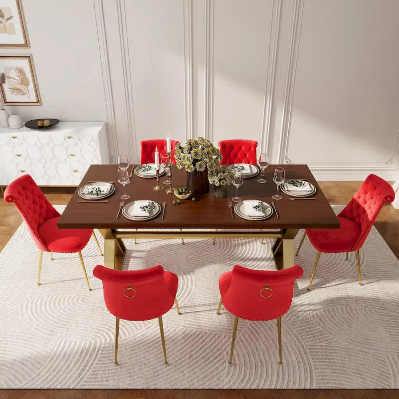 Set da pranzo da 7 pezzi in legno di noce con sedie in velluto, stile moderno, 6 posti