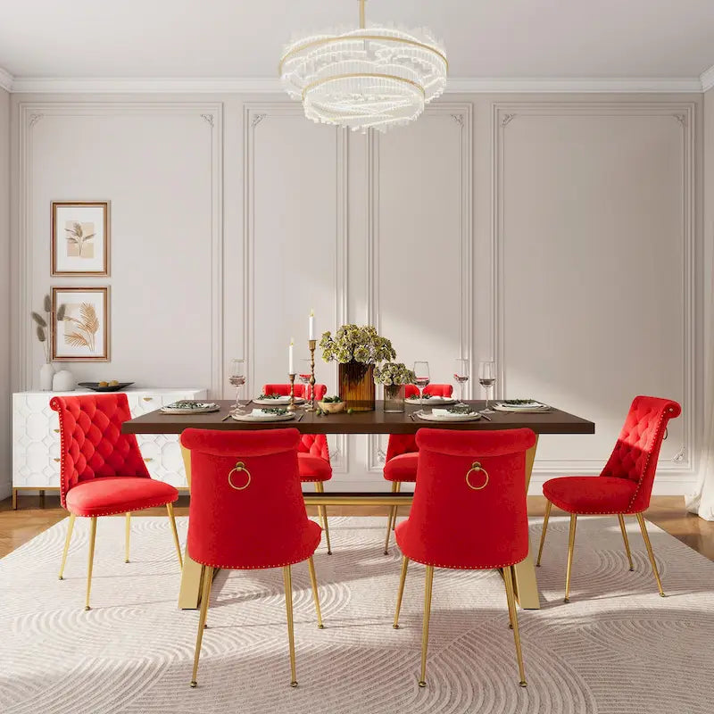 Set da pranzo da 7 pezzi in legno di noce con sedie in velluto, stile moderno, 6 posti