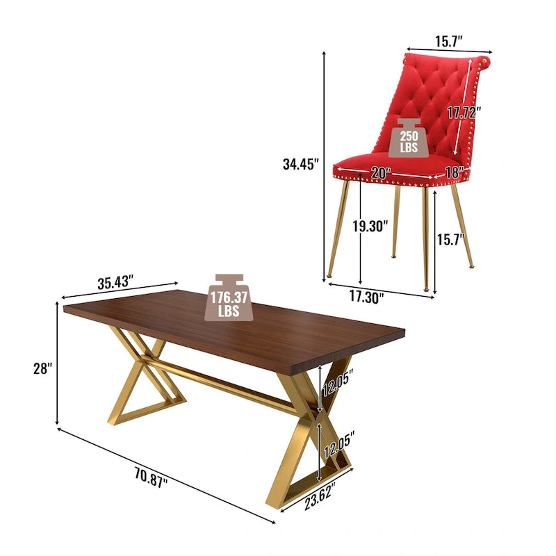 Set da pranzo da 7 pezzi in legno di noce con sedie in velluto, stile moderno, 6 posti