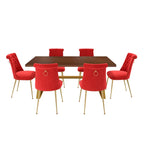 Set da pranzo da 7 pezzi in legno di noce con sedie in velluto, stile moderno, 6 posti