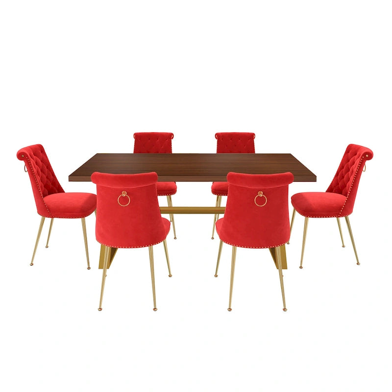 Set da pranzo da 7 pezzi in legno di noce con sedie in velluto, stile moderno, 6 posti
