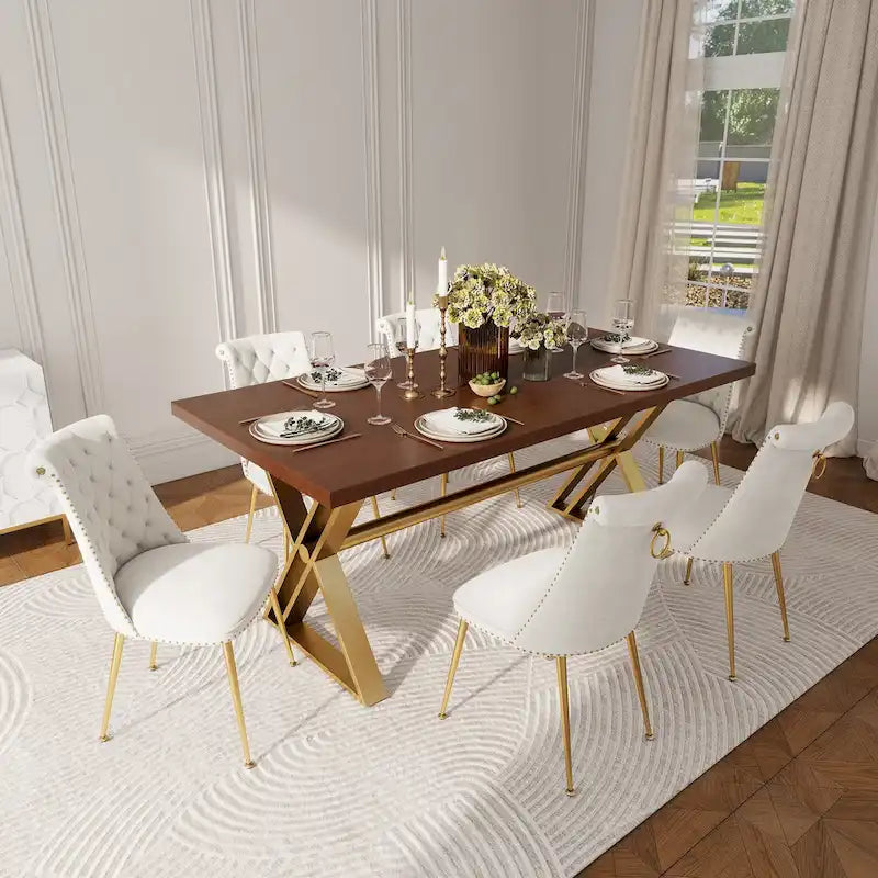 Set da pranzo da 7 pezzi in legno di noce con sedie in velluto, stile moderno, 6 posti