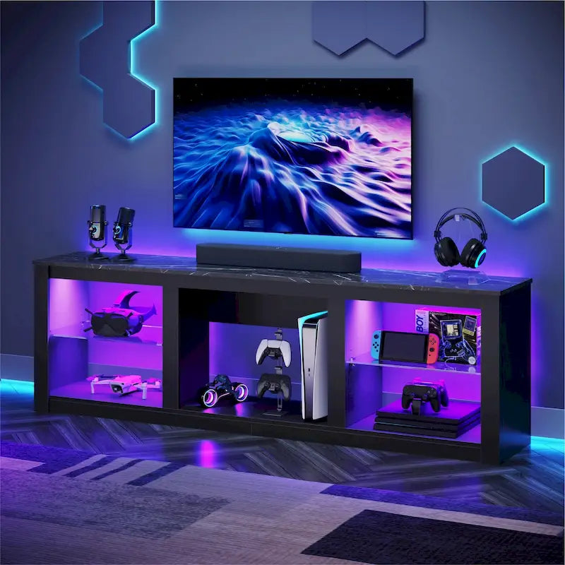 Supporto per TV LED da 70" per TV fino a 75", Ripiani in Vetro Temperato, Mobile Aperto, Luci LED RGB, 290 LBS
