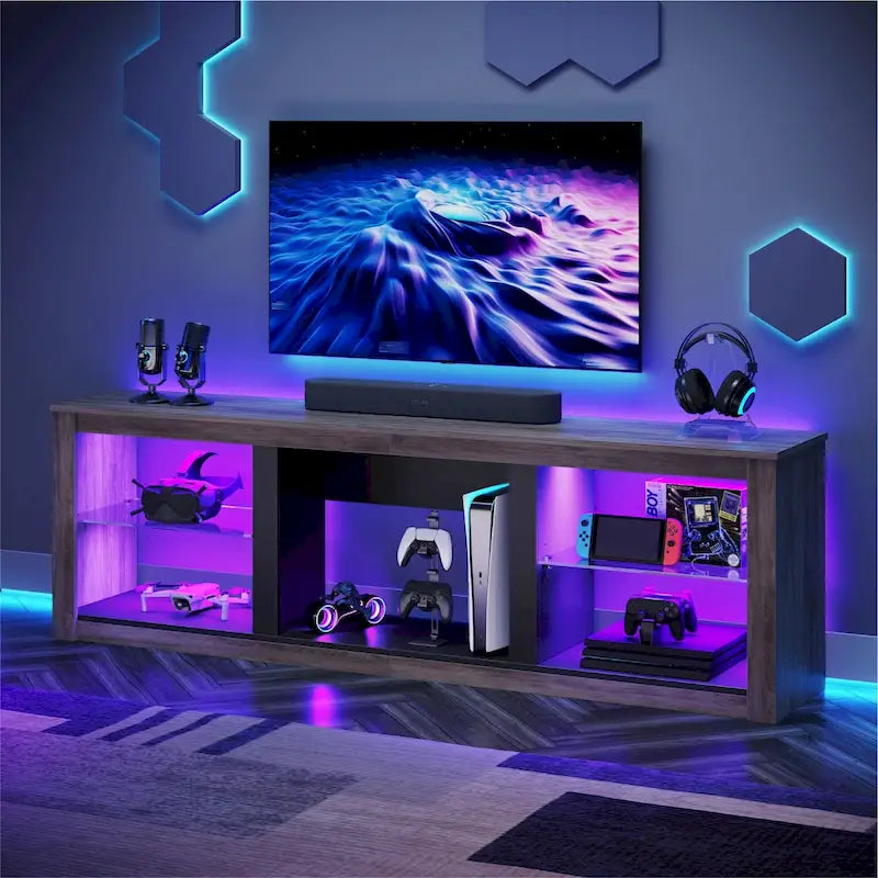 Supporto per TV LED da 70" per TV fino a 75", Ripiani in Vetro Temperato, Mobile Aperto, Luci LED RGB, 290 LBS