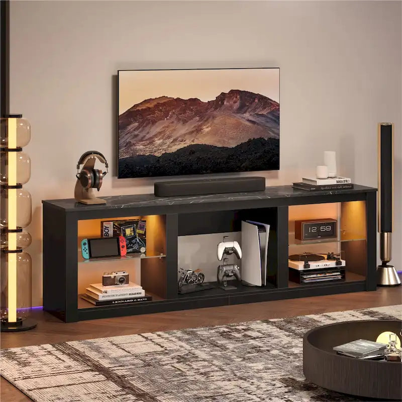 Supporto per TV LED da 70" per TV fino a 75", Ripiani in Vetro Temperato, Mobile Aperto, Luci LED RGB, 290 LBS