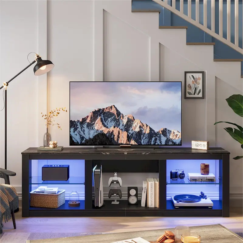 Supporto per TV LED da 70" per TV fino a 75", Ripiani in Vetro Temperato, Mobile Aperto, Luci LED RGB, 290 LBS