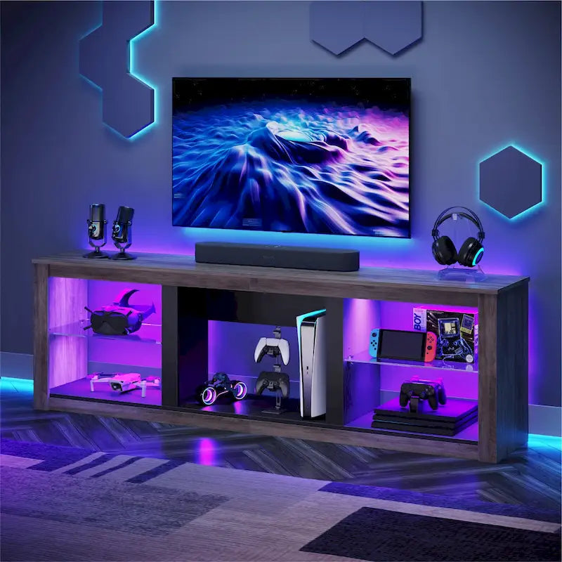 Supporto per TV LED da 70" per TV fino a 75", Ripiani in Vetro Temperato, Mobile Aperto, Luci LED RGB, 290 LBS