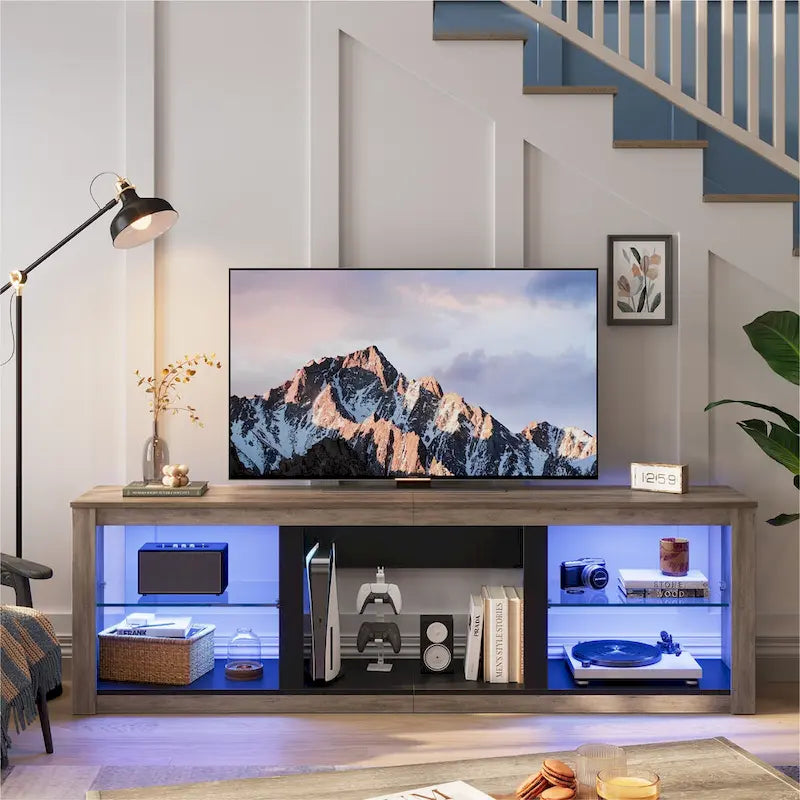 Supporto per TV LED da 70" per TV fino a 75", Ripiani in Vetro Temperato, Mobile Aperto, Luci LED RGB, 290 LBS
